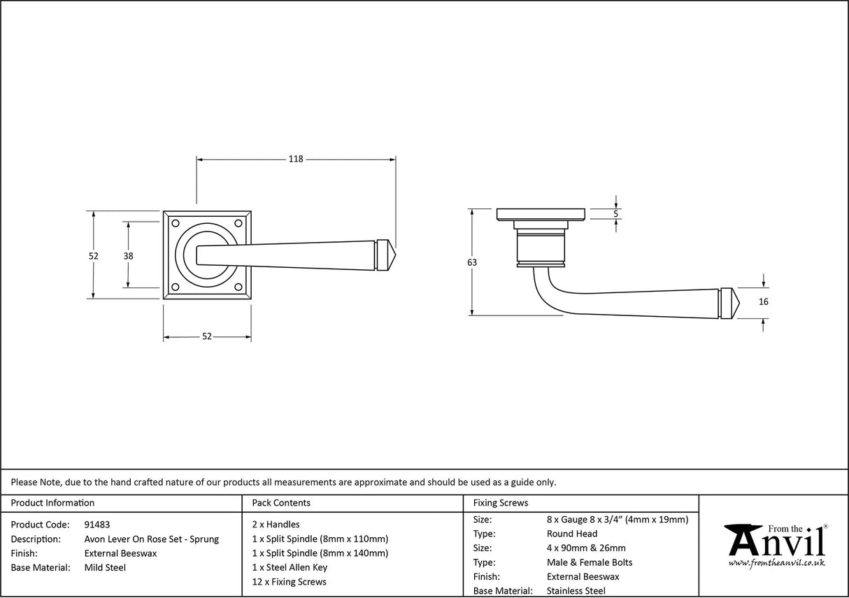 From The Anvil - External Beeswax Avon Lever on Rose Set Sprung | Sku. 91483 | Trade Door Handles.