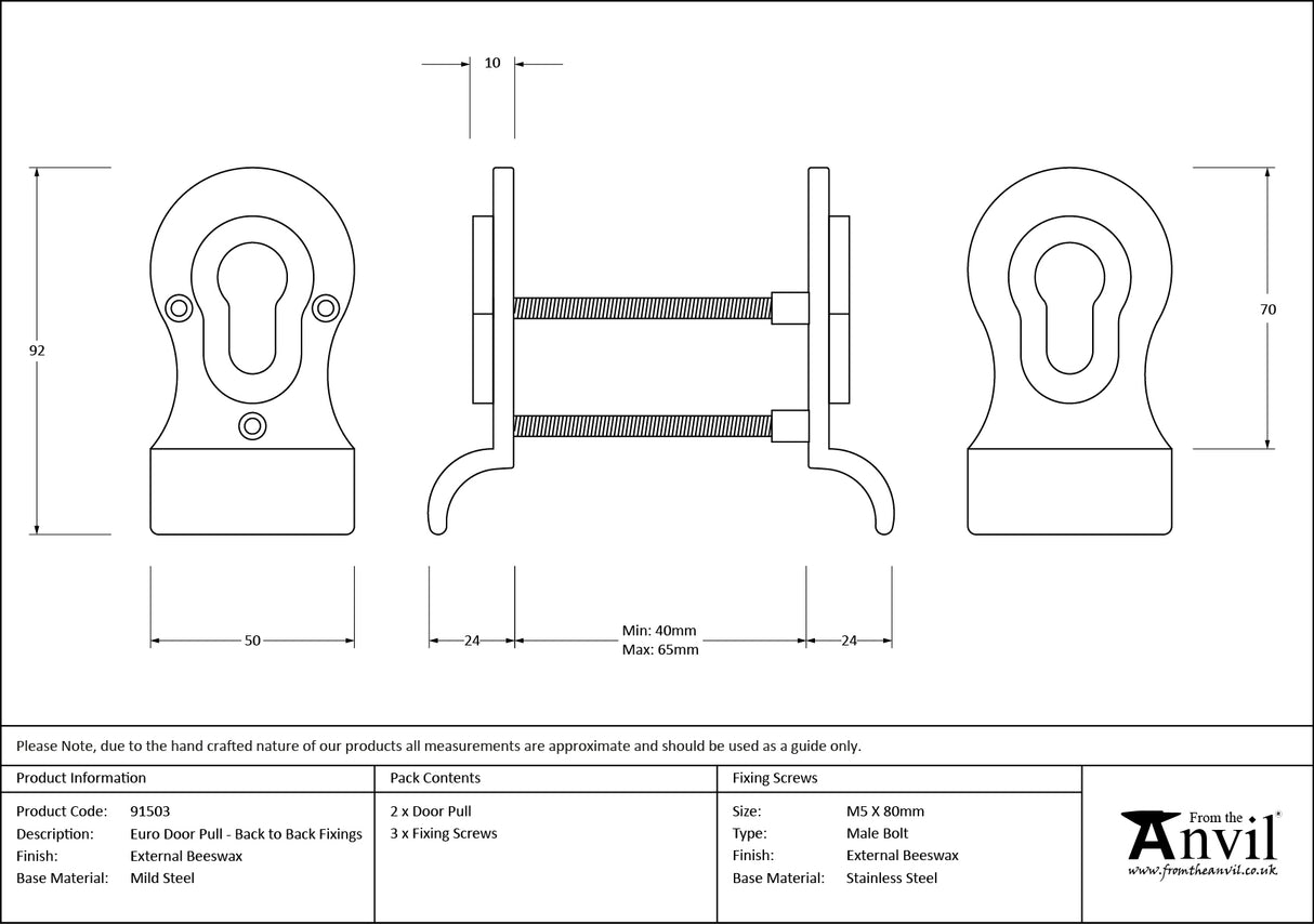 From The Anvil - External Beeswax 50mm Euro Door Pull (Back to Back fixings) | Sku. 91503 | Trade Door Handles.