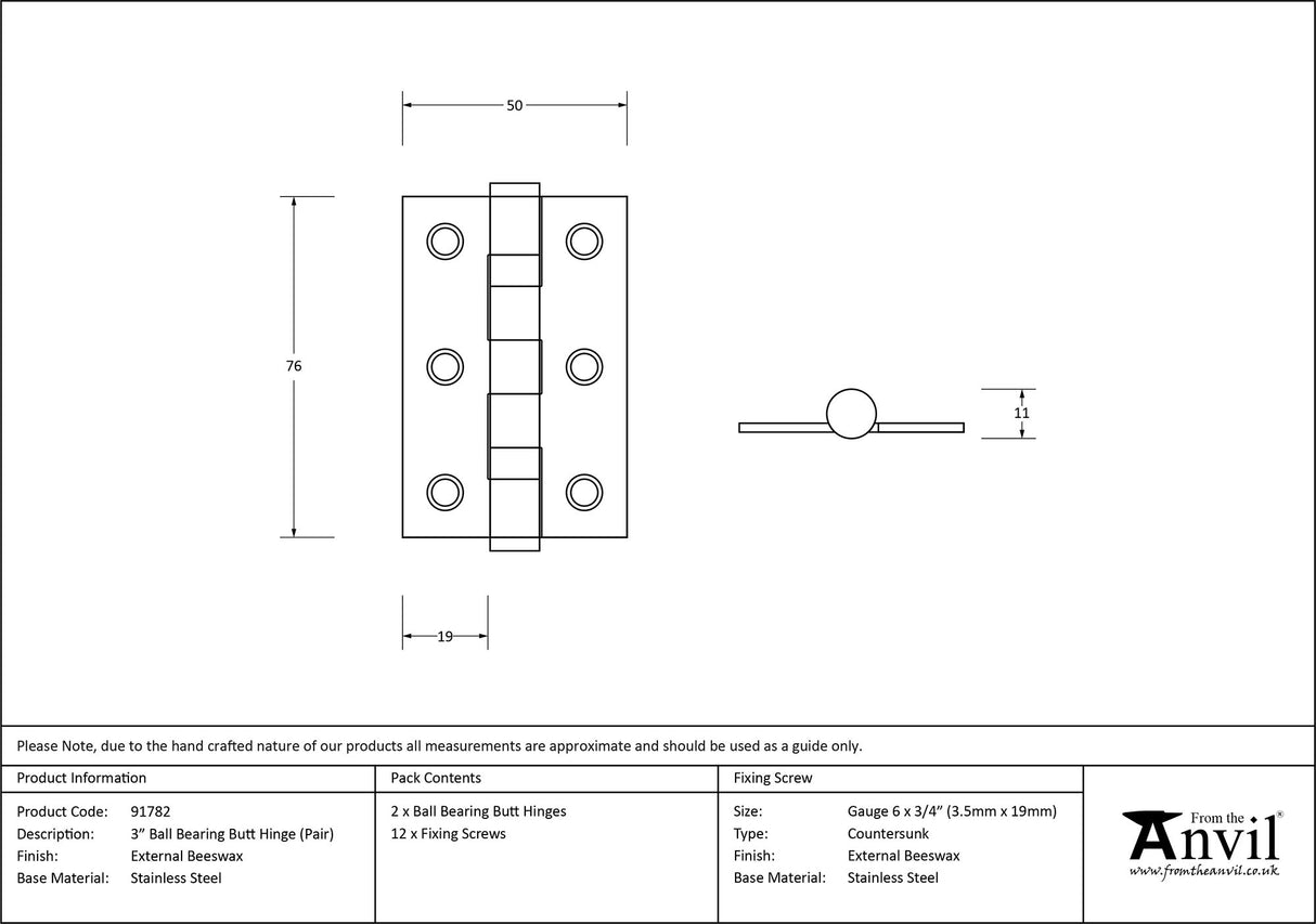 From The Anvil - External Beeswax 3" Ball Bearing Butt Hinge (pair) | Sku. 91782 | Trade Door Handles.