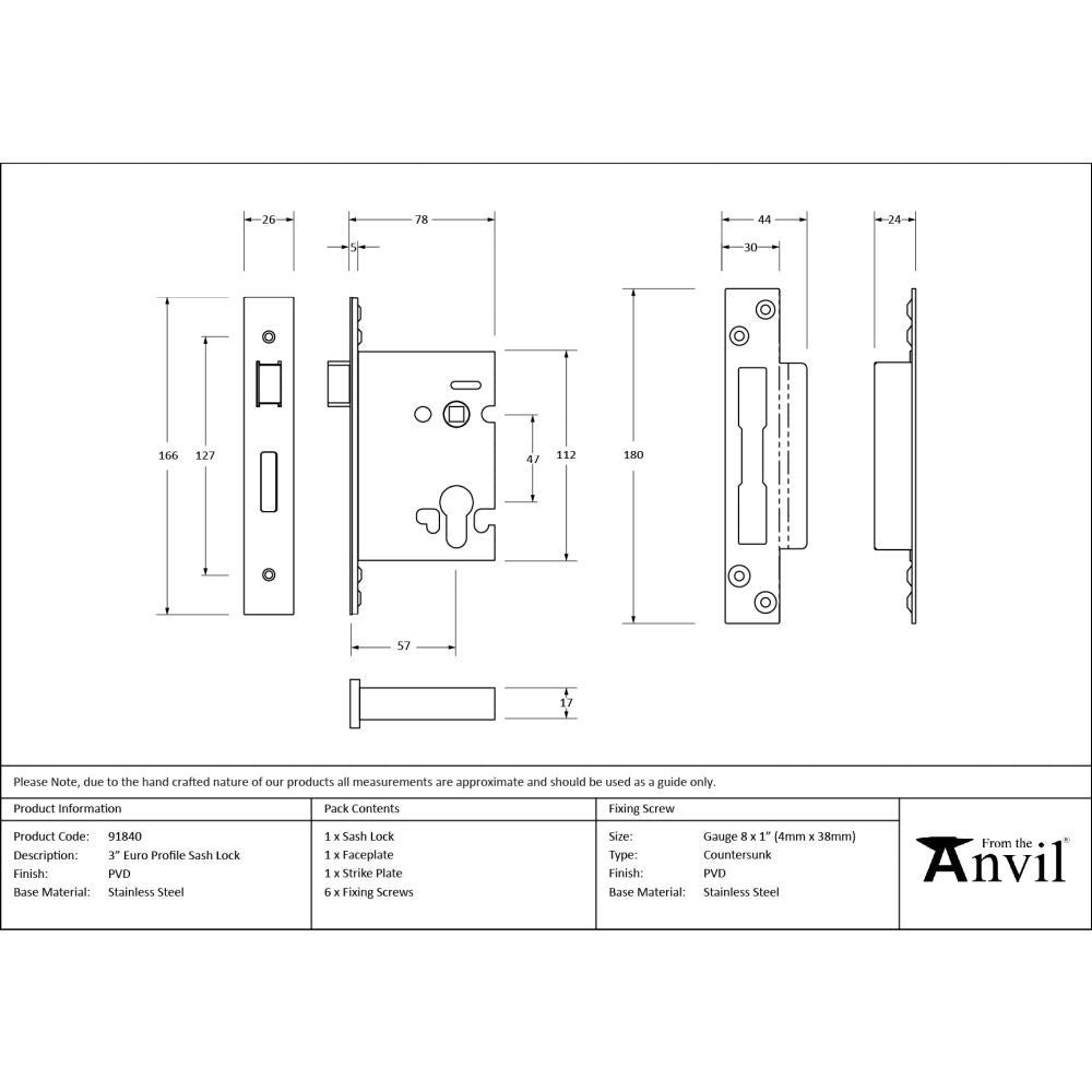 From The Anvil - PVD 3" Euro Profile Sash Lock | Sku. 91840 | Trade Door Handles.
