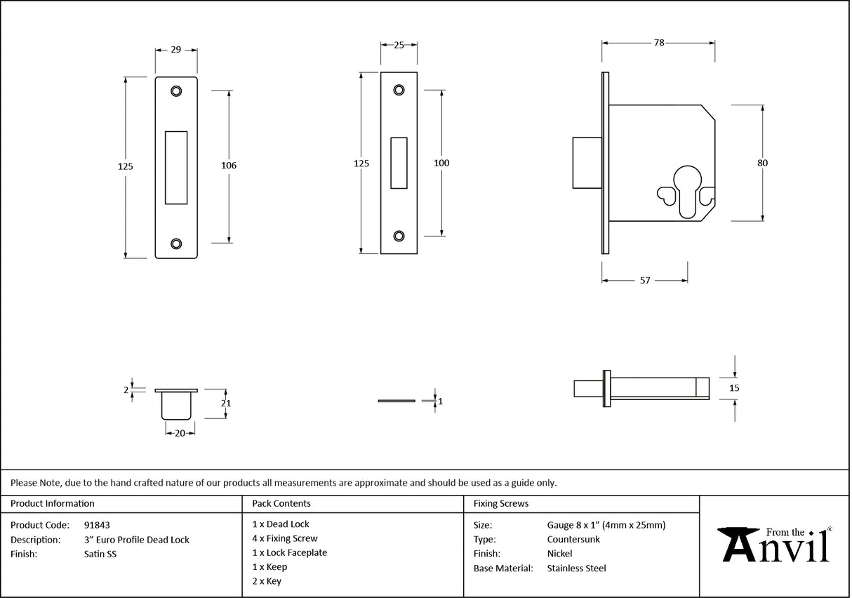 From The Anvil - SSS 3" Euro Profile Dead Lock | Sku. 91843 | Trade Door Handles.