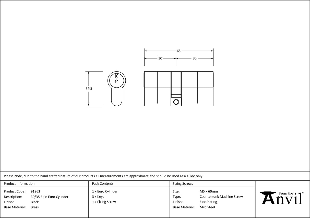From The Anvil - Black 30/35 6pin Euro Cylinder | Sku. 91862 | Trade Door Handles.