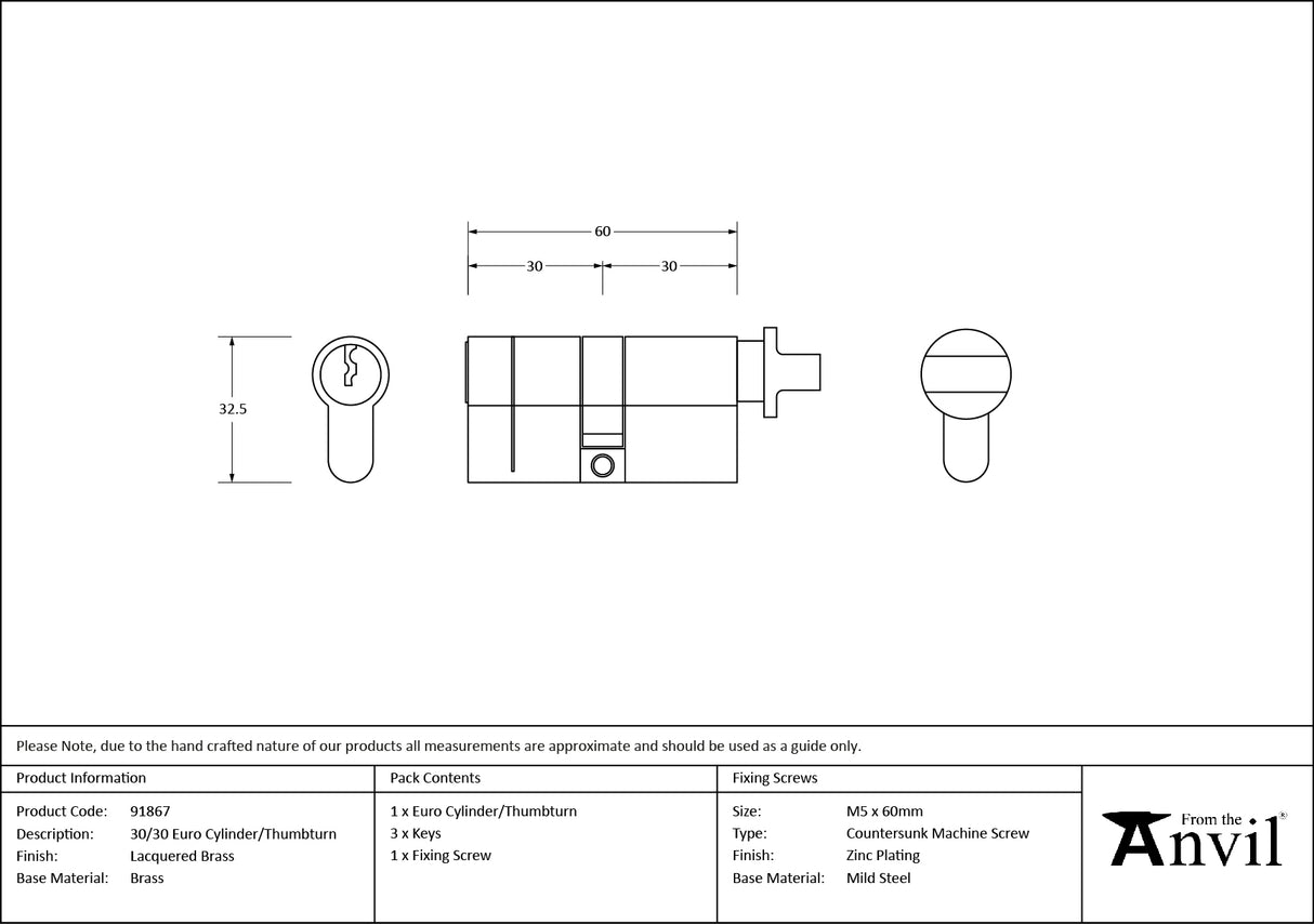 From The Anvil - Lacquered Brass 30/30 Euro Cylinder/Thumbturn | Sku. 91867 | Trade Door Handles.