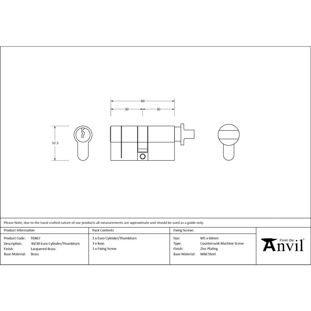 From The Anvil - Lacquered Brass 30/30 Euro Cylinder/Thumbturn | Sku. 91867 | Trade Door Handles.