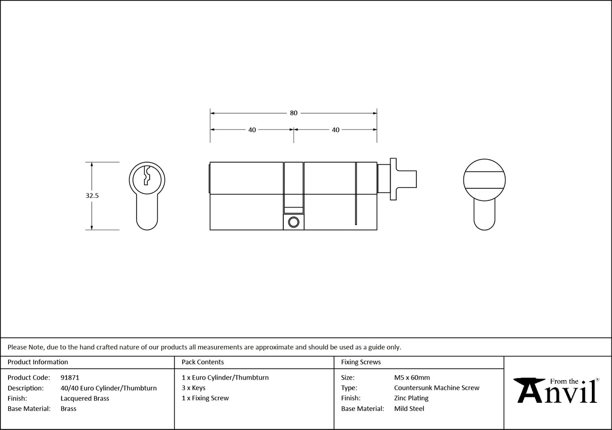 From The Anvil - Lacquered Brass 40/40 Euro Cylinder/Thumbturn | Sku. 91871 | Trade Door Handles.