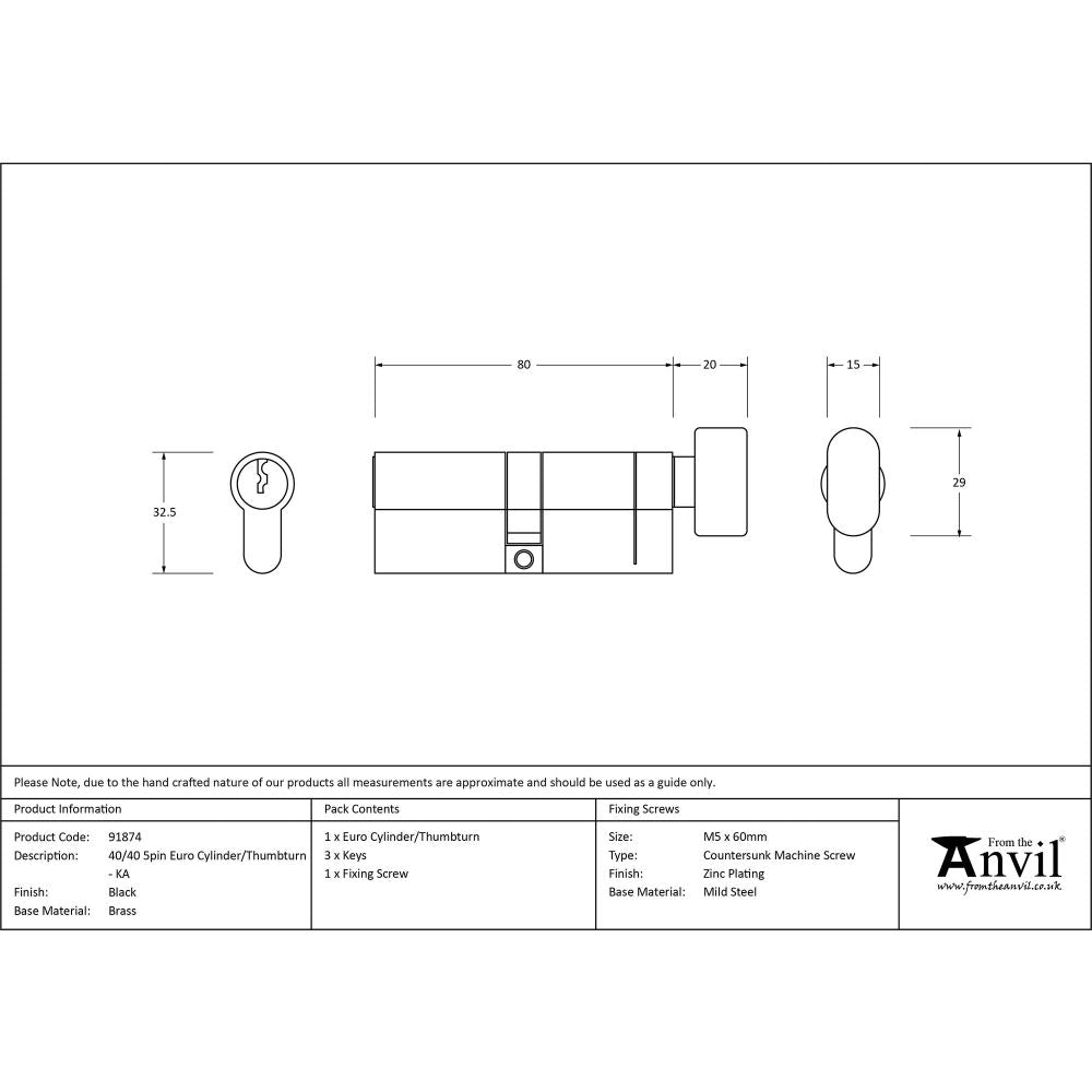 From The Anvil - Black 40/40 6pin Euro Cylinder/Thumbturn KA | Sku. 91874 | Trade Door Handles.