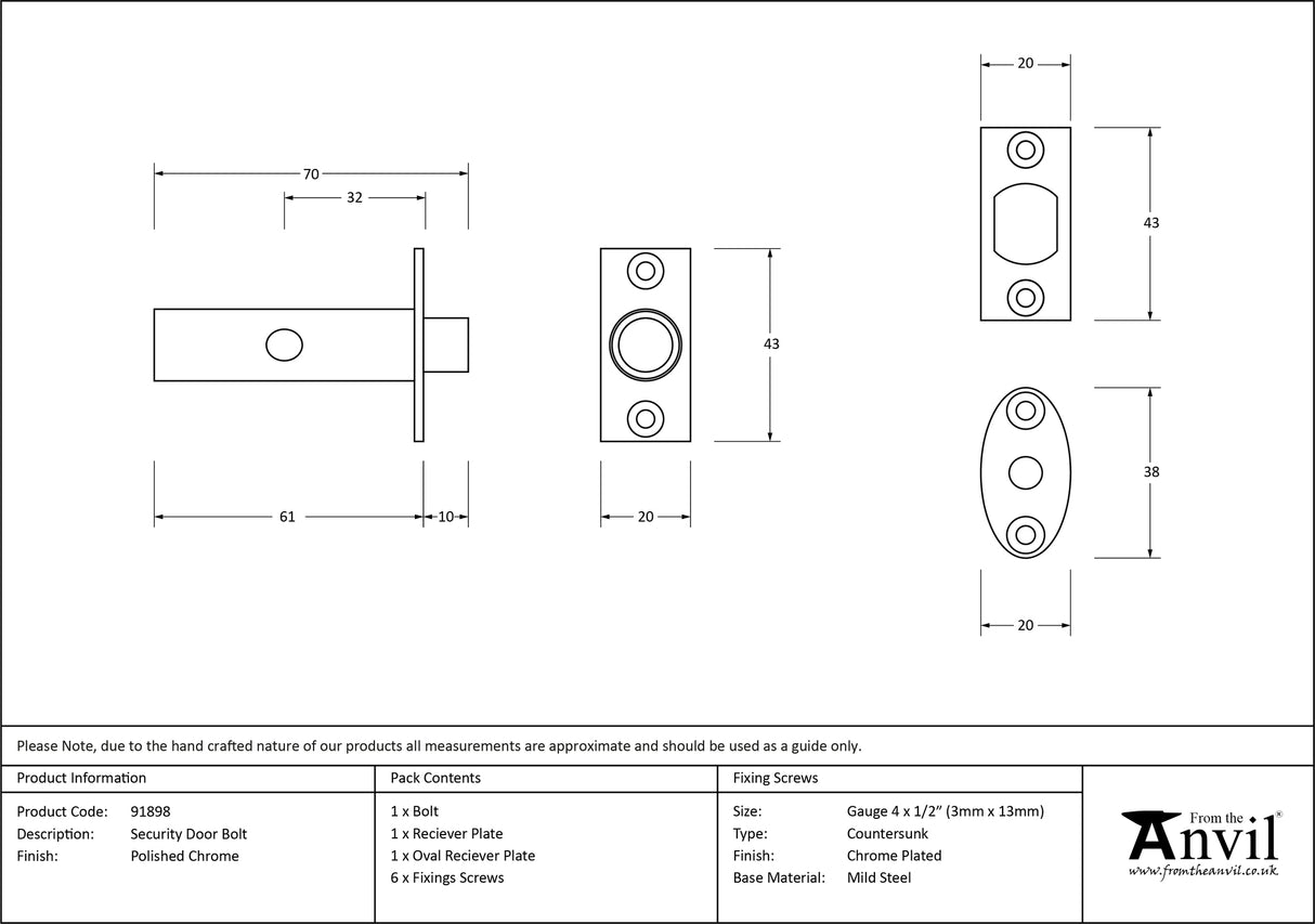 From The Anvil - Polished Chrome Security Door Bolt | Sku. 91898 | Trade Door Handles.