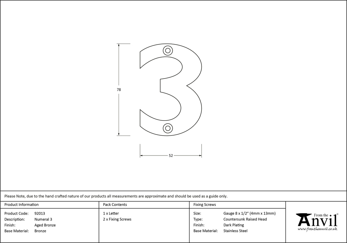 From The Anvil - Aged Bronze Numeral 3 | Sku. 92013 | Trade Door Handles.
