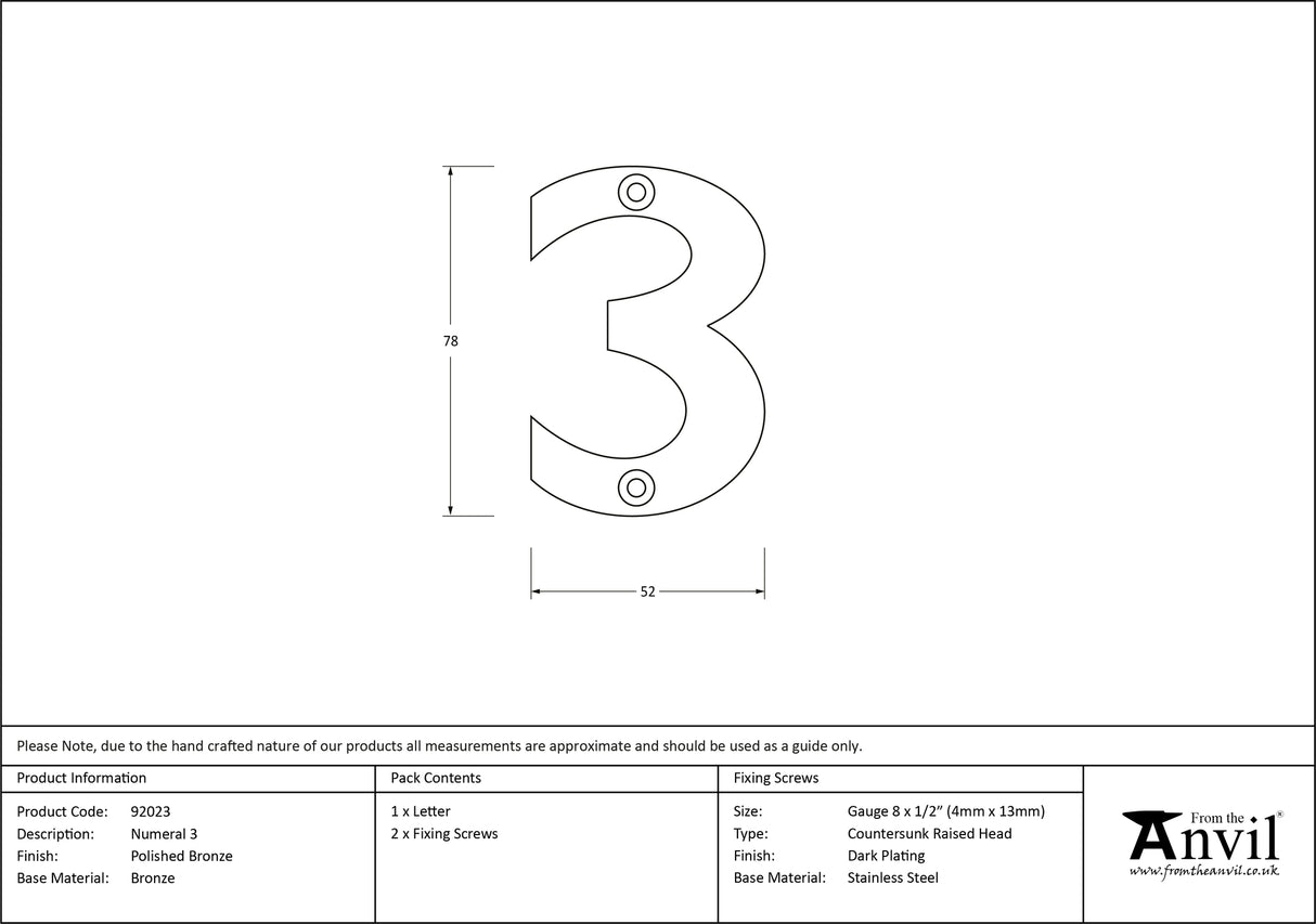 From The Anvil - Polished Bronze Numeral 3 | Sku. 92023 | Trade Door Handles.