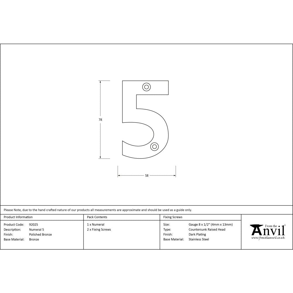 From The Anvil - Polished Bronze Numeral 5 | Sku. 92025 | Trade Door Handles.