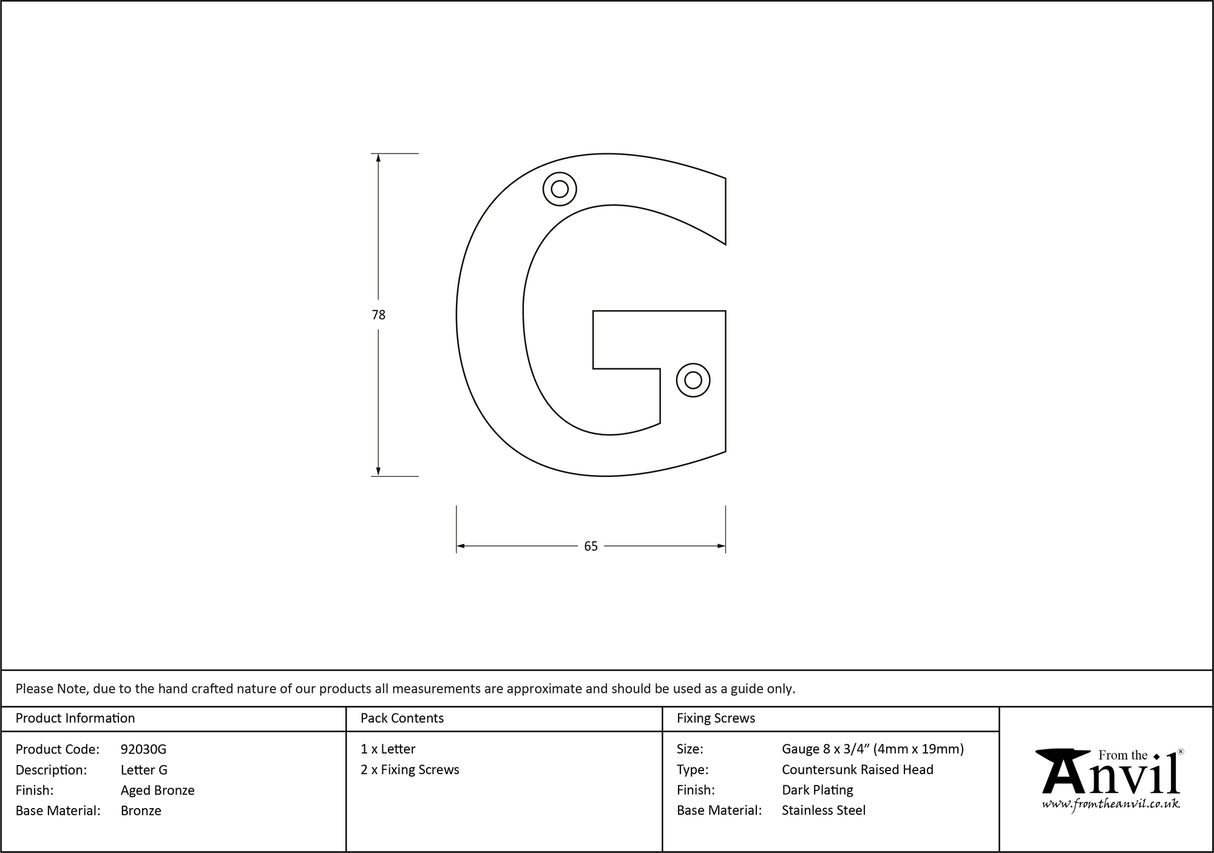 From The Anvil - Aged Bronze Letter G | Sku. 92030G | Trade Door Handles.