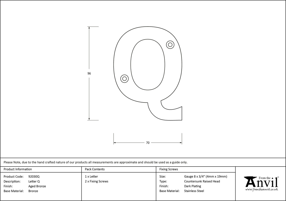 From The Anvil - Aged Bronze Letter Q | Sku. 92030Q | Trade Door Handles.
