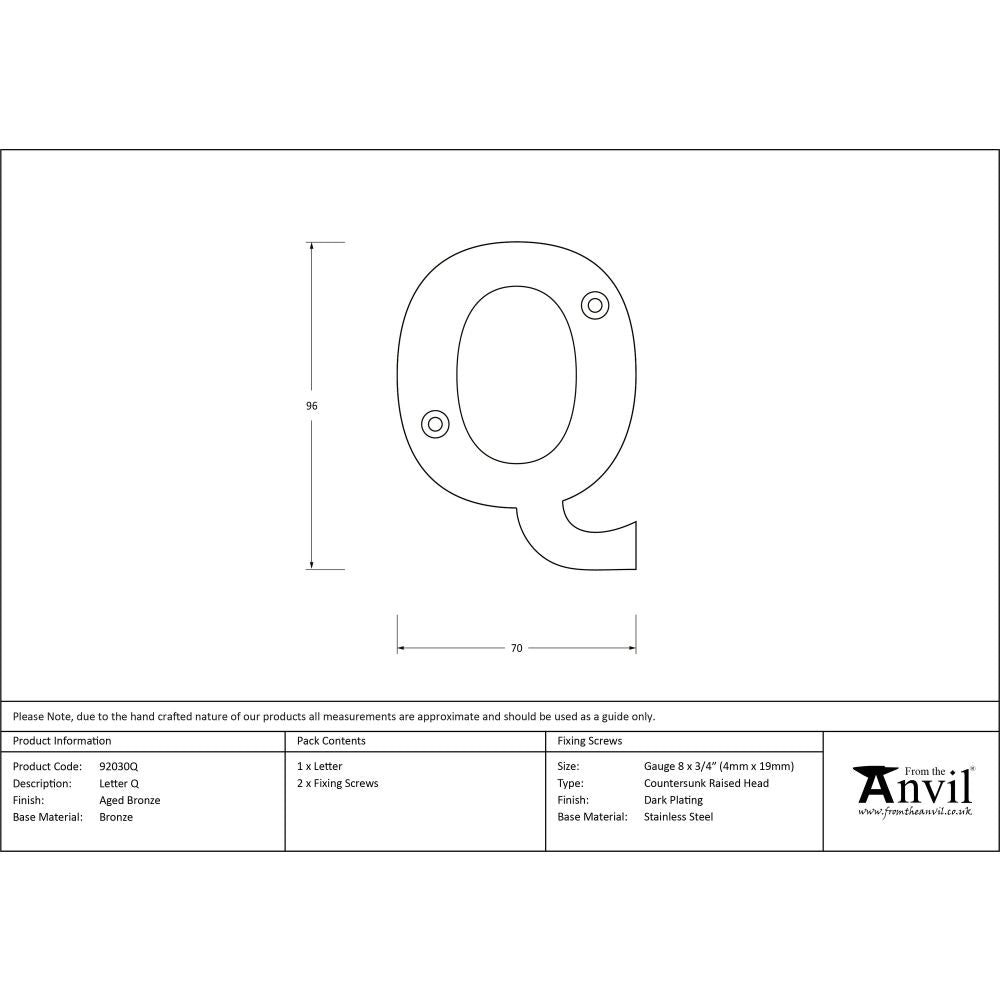 From The Anvil - Aged Bronze Letter Q | Sku. 92030Q | Trade Door Handles.