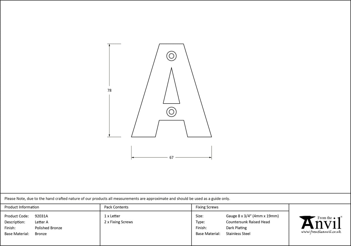 From The Anvil - Polished Bronze Letter A | Sku. 92031A | Trade Door Handles.