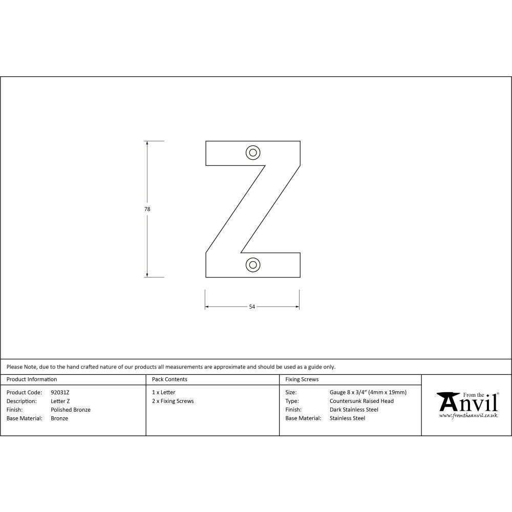 From The Anvil - Polished Bronze Letter Z | Sku. 92031Z | Trade Door Handles.