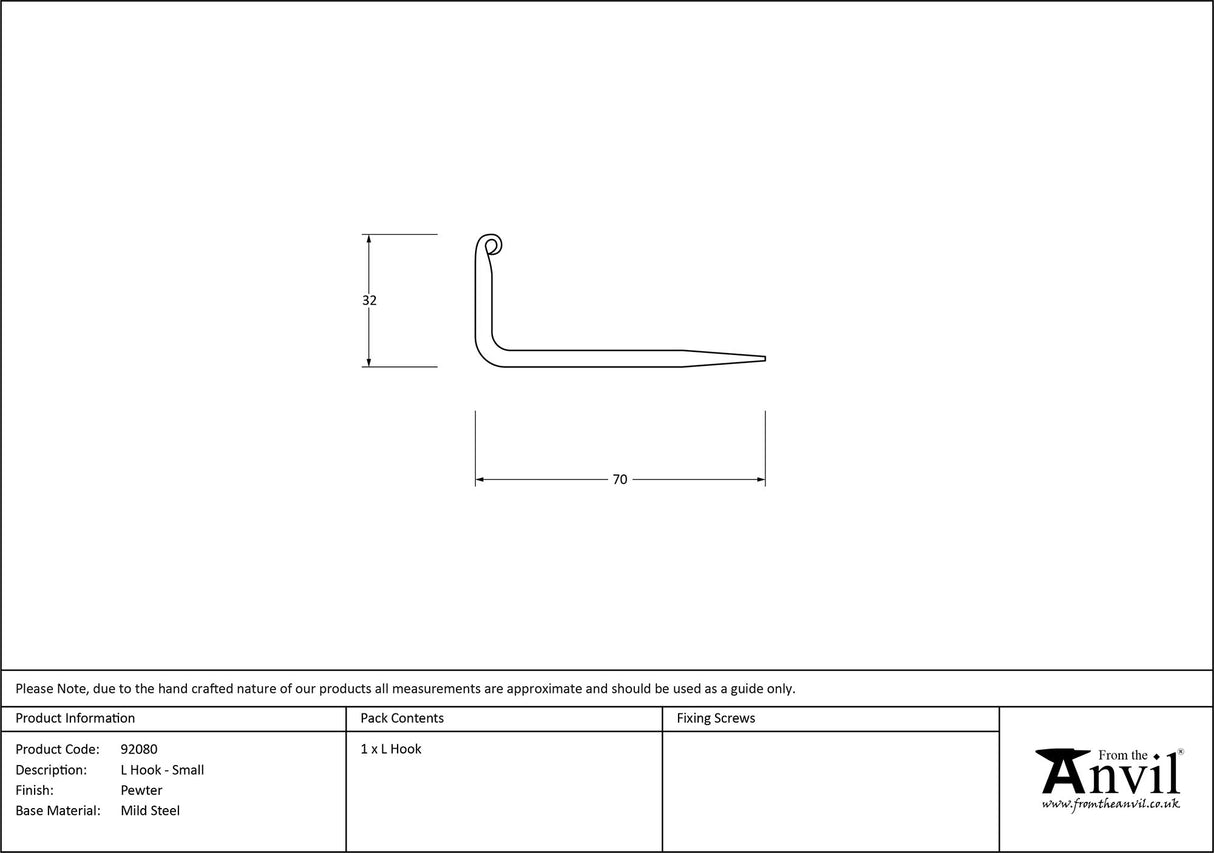 From The Anvil - Pewter L Hook - Small | Sku. 92080 | Trade Door Handles.