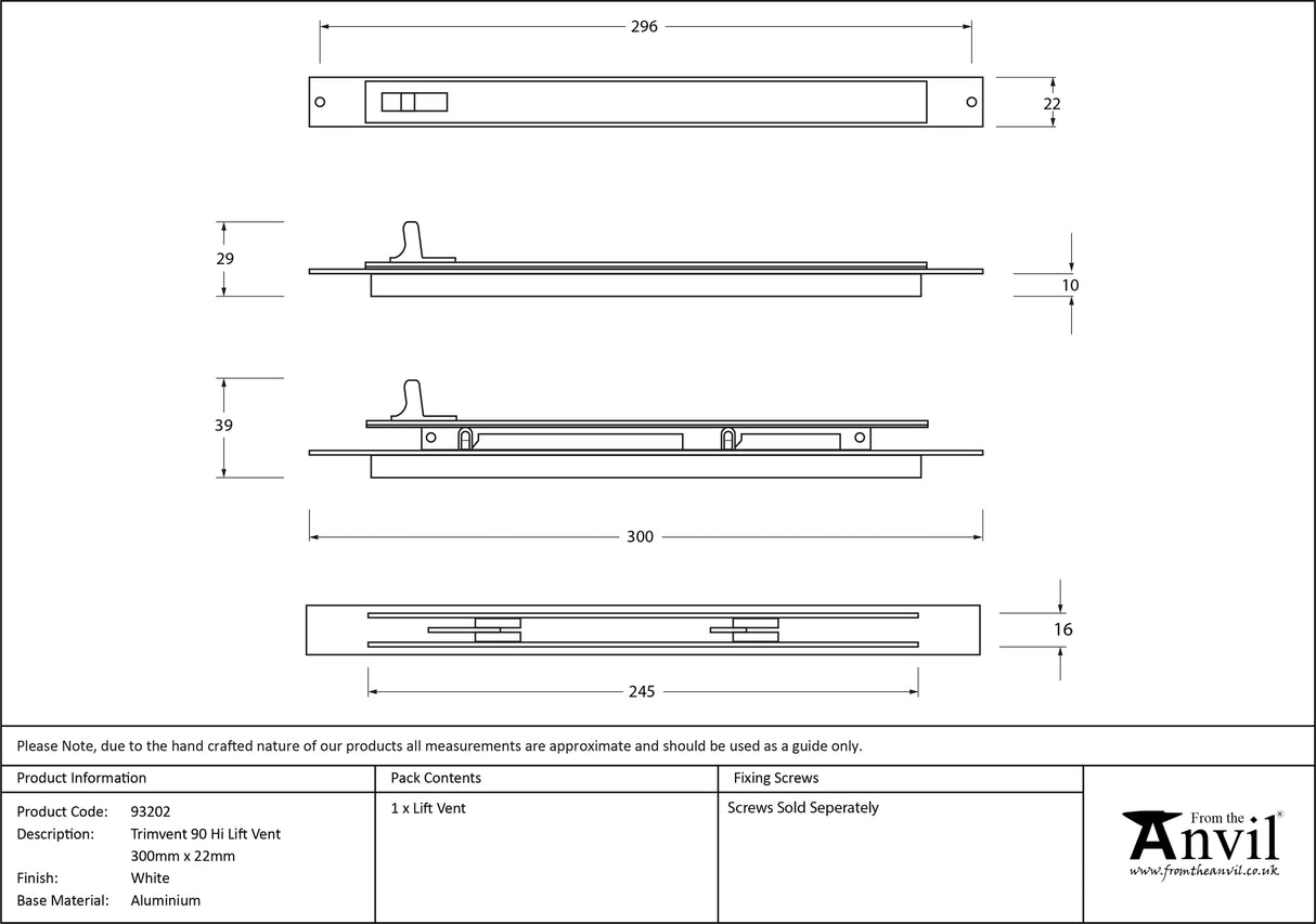 From The Anvil - White Trimvent 90 Hi Lift Vent 300mm x 22mm | Sku. 93202 | Trade Door Handles.