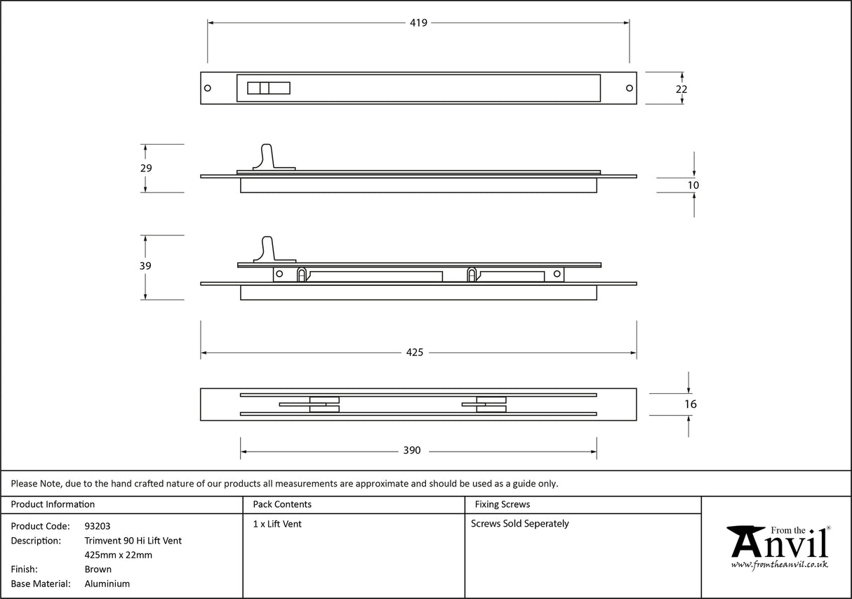 From The Anvil - Brown Trimvent 90 Hi Lift Vent 425mm x 22mm | Sku. 93203 | Trade Door Handles.