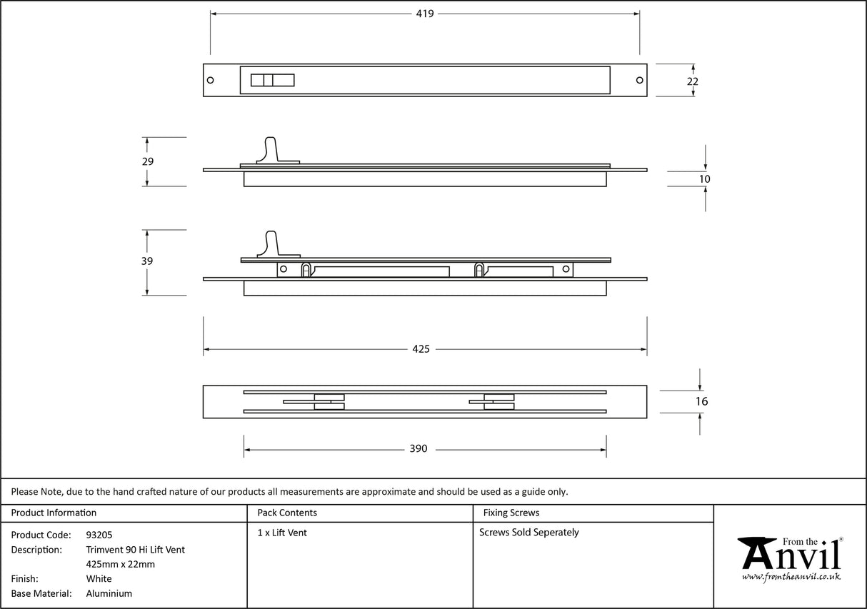 From The Anvil - White Trimvent 90 Hi Lift Vent 425mm x 22mm | Sku. 93205 | Trade Door Handles.