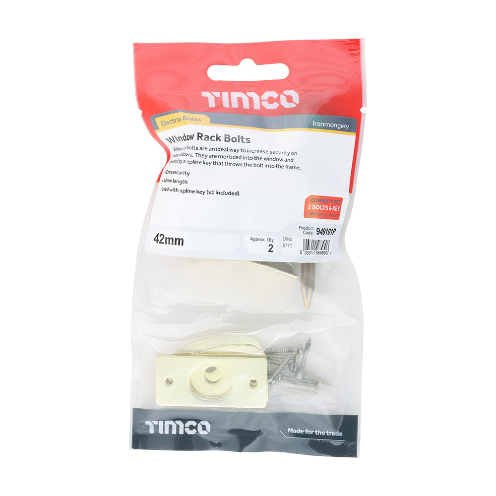 This is an image of Timco - Window Rack Bolts - Electro Brass 42mm (2 Pieces TIMpac) 949101P