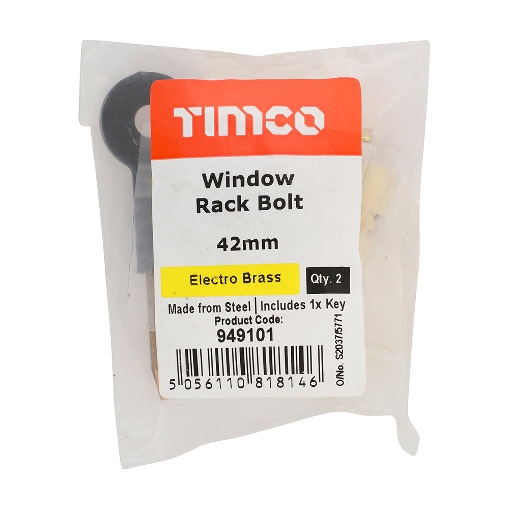 This is an image of Timco - Window Rack Bolts - Electro Brass 42mm (2 Pieces Bag) 949101