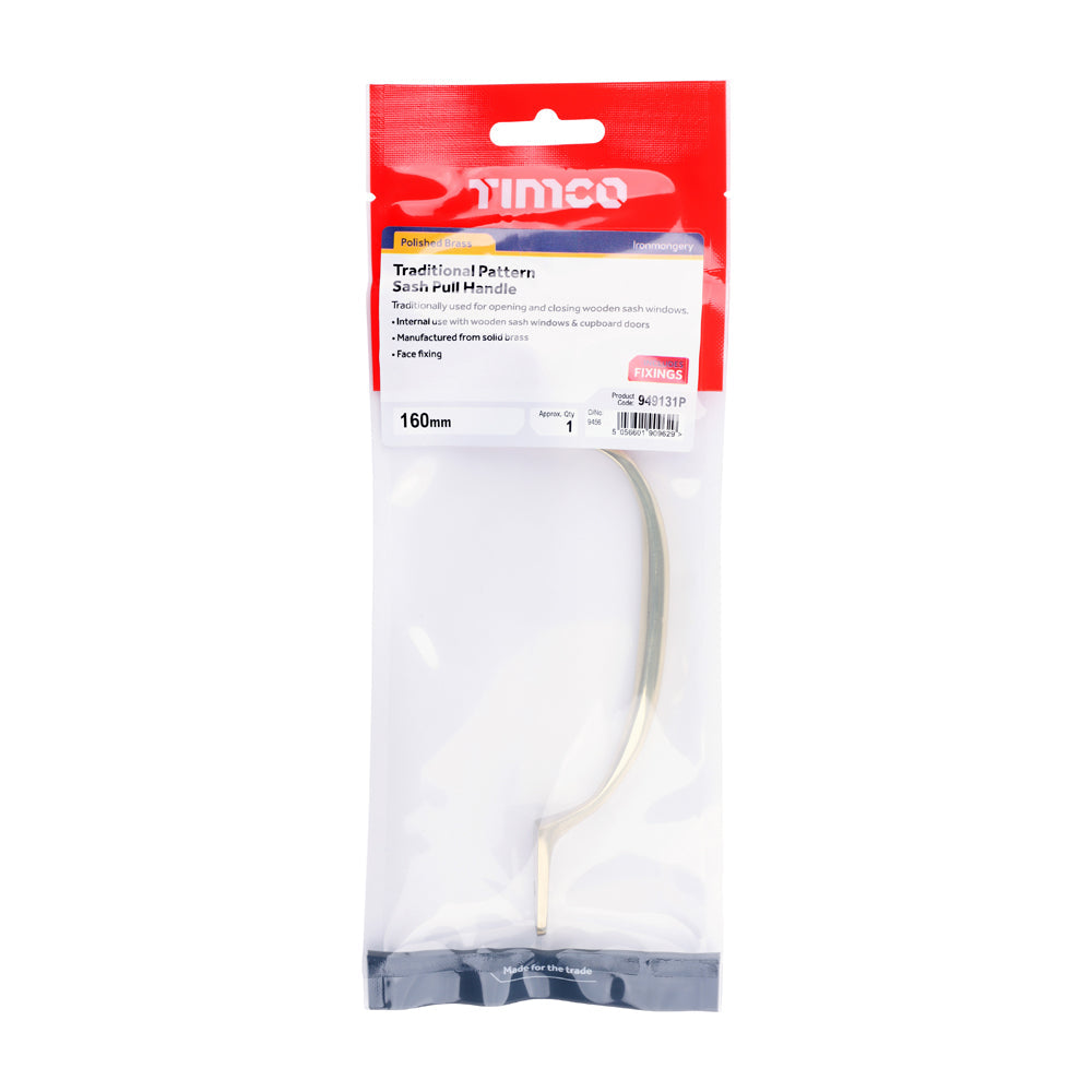 This is an image of Timco - Traditional Pattern Sash Pull Handle - Polished Brass 160mm (1 Each TIMpac) 949131P