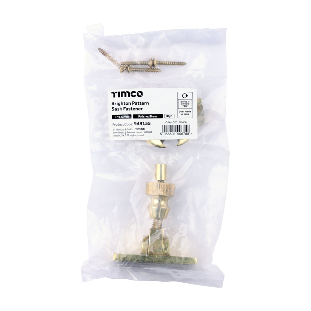 This is an image of Timco - Brighton Pattern Sash Fastener - Polished Brass 57 x 22 (1 Each Bag) 949155