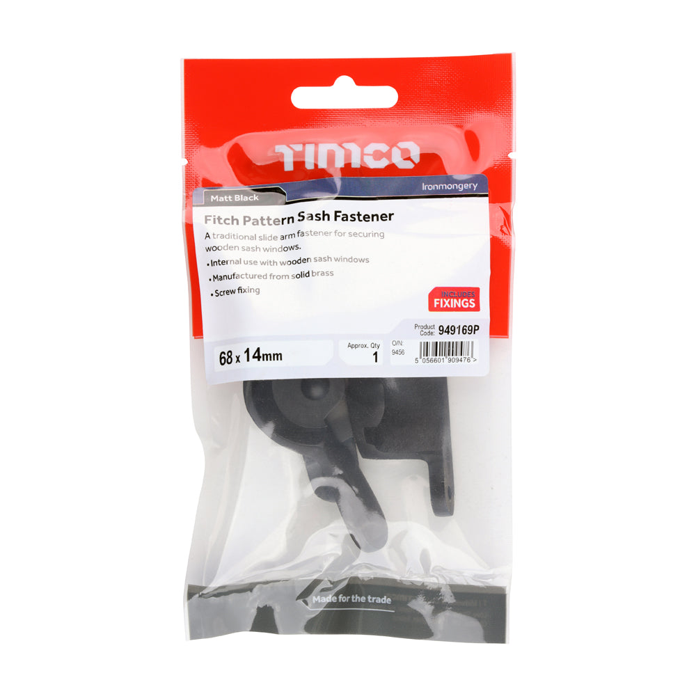 This is an image of Timco - Fitch Pattern Sash Fastener - Matt Black 68 x 14 (1 Each TIMpac) 949169P
