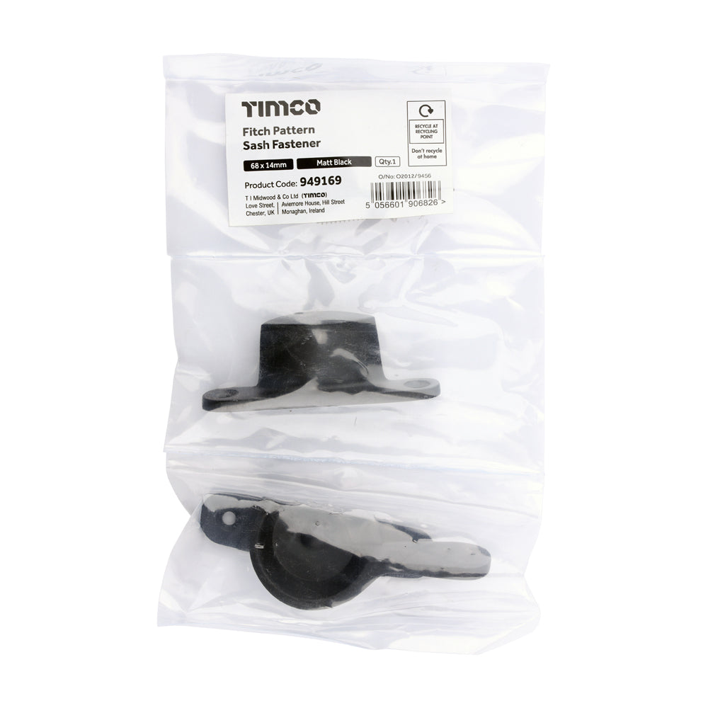 This is an image of Timco - Fitch Pattern Sash Fastener - Matt Black 68 x 14 (1 Each Bag) 949169