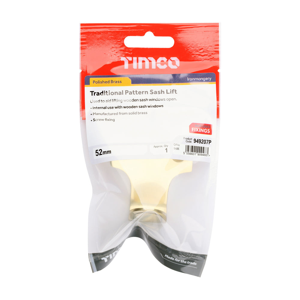 This is an image of Timco - Traditional Pattern Sash Lift - Polished Brass 52mm (1 Each TIMpac) 949207P