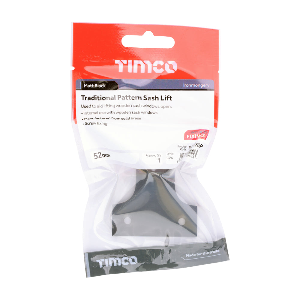 This is an image of Timco - Traditional Pattern Sash Lift - Matt Black 52mm (1 Each TIMpac) 949226P