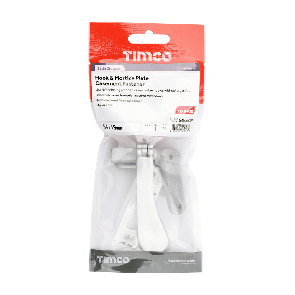 This is an image of Timco - Hook & Mortice Plate Casement Fastener - Satin Chrome 54 x 19 (1 Each TIMpac) 949353P