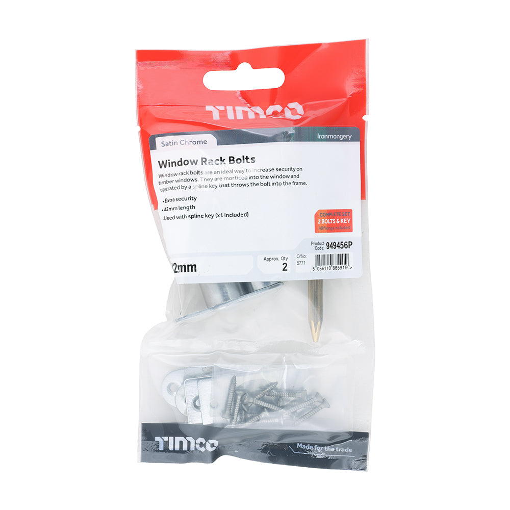This is an image of Timco - Window Rack Bolts - Satin Chrome 42mm (2 Pieces TIMpac) 949456P