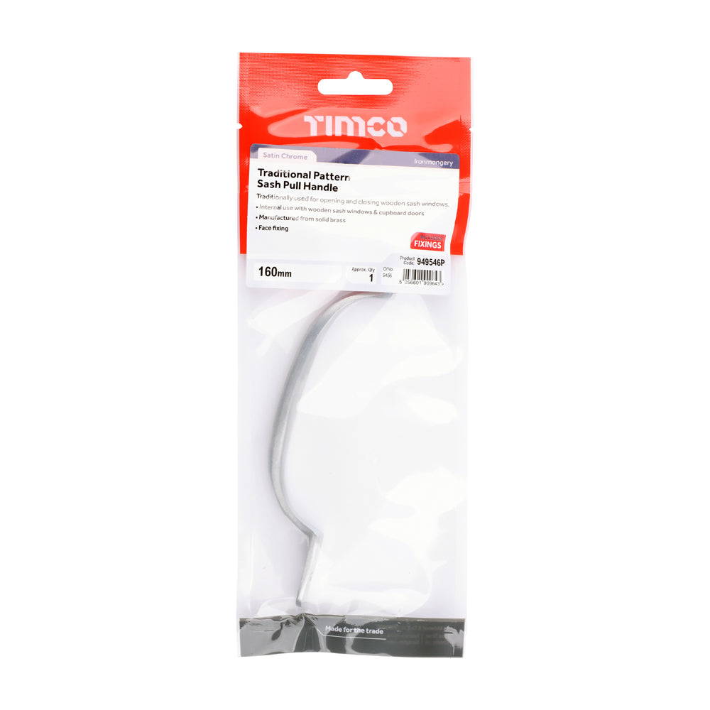 This is an image of Timco - Traditional Pattern Sash Pull Handle - Satin Chrome 160mm (1 Each TIMpac) 949546P