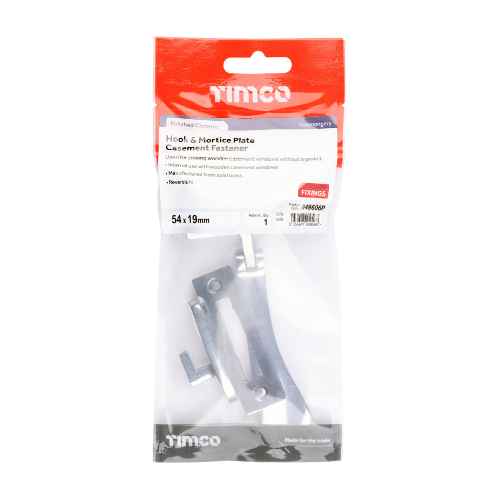 This is an image of Timco - Hook & Mortice Plate Casement Fastener - Polished Chrome 54 x 19 (1 Each TIMpac) 949606P