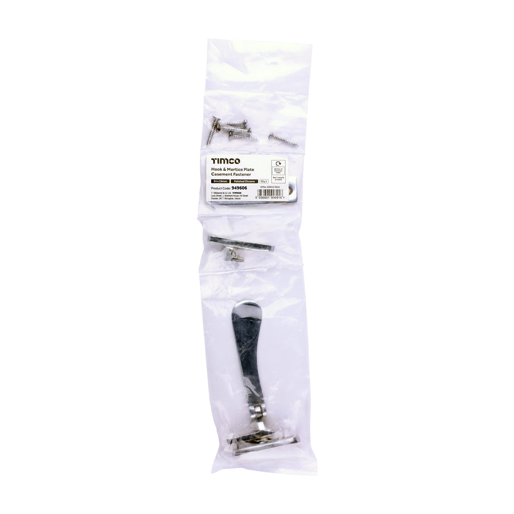 This is an image of Timco - Hook & Mortice Plate Casement Fastener - Polished Chrome 54 x 19 (1 Each Bag) 949606