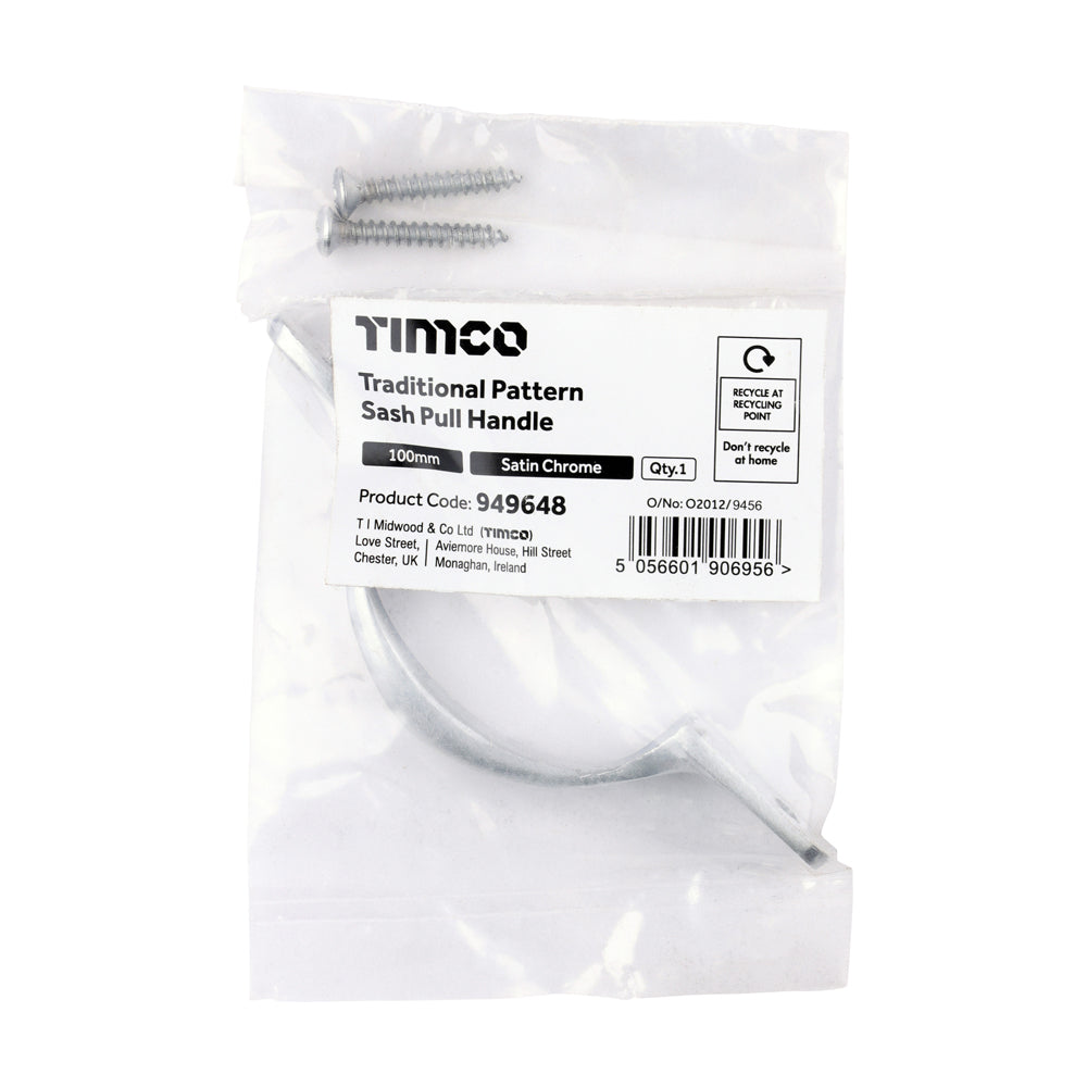This is an image of Timco - Traditional Pattern Sash Pull Handle - Satin Chrome 100mm (1 Each Bag) 949648