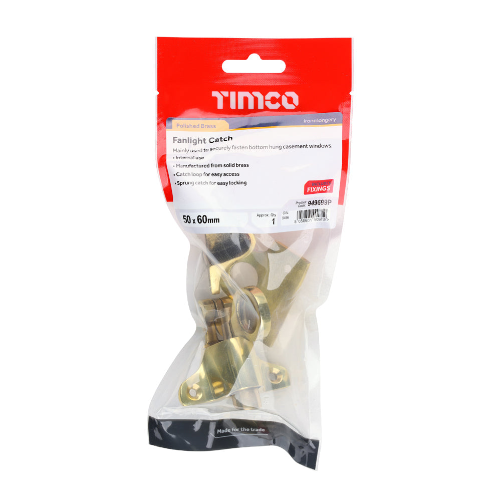 This is an image of Timco - Fanlight Catch - Polished Brass 50 x 60 (1 Each TIMpac) 949699P