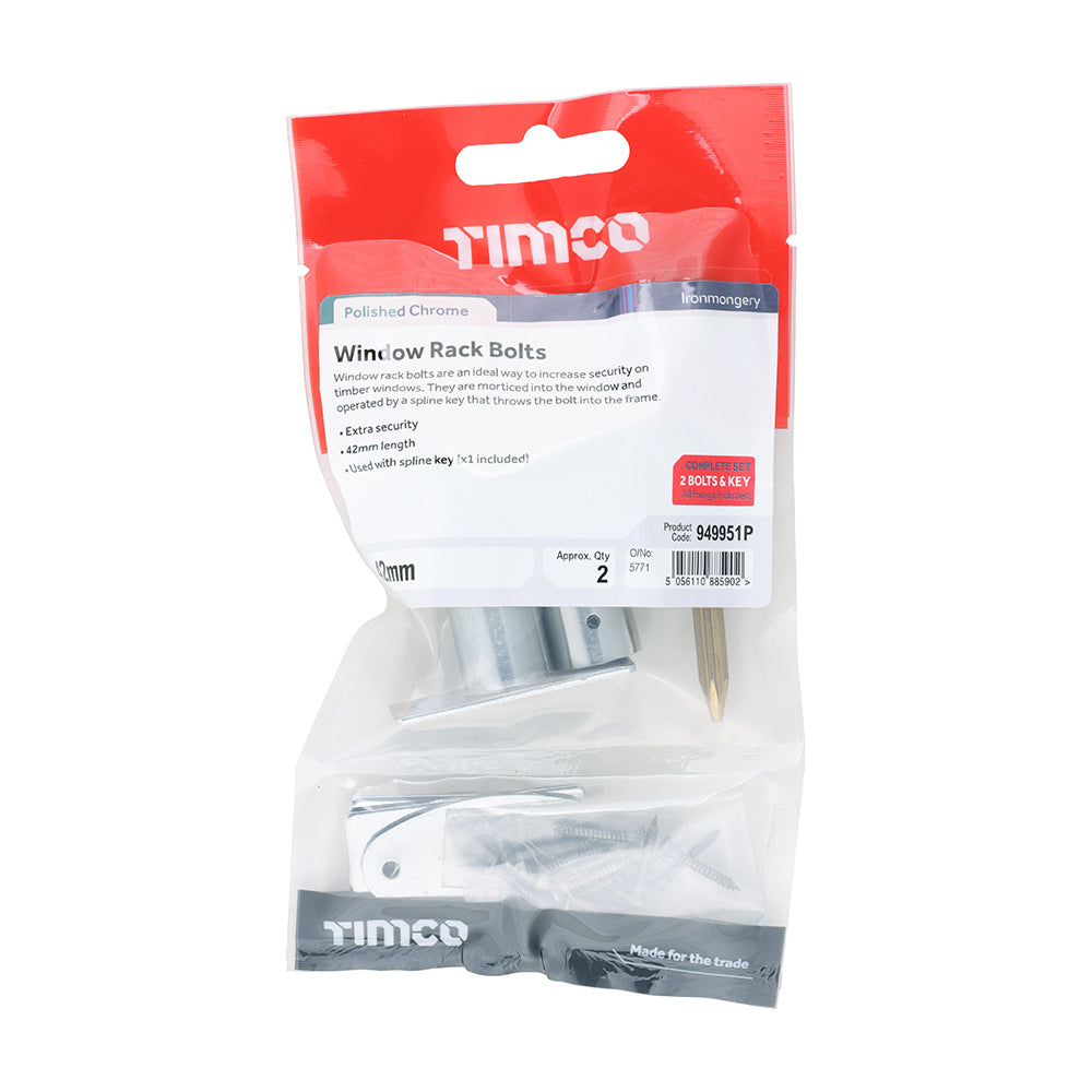 This is an image of Timco - Window Rack Bolts - Polished Chrome 42mm (2 Pieces TIMpac) 949951P