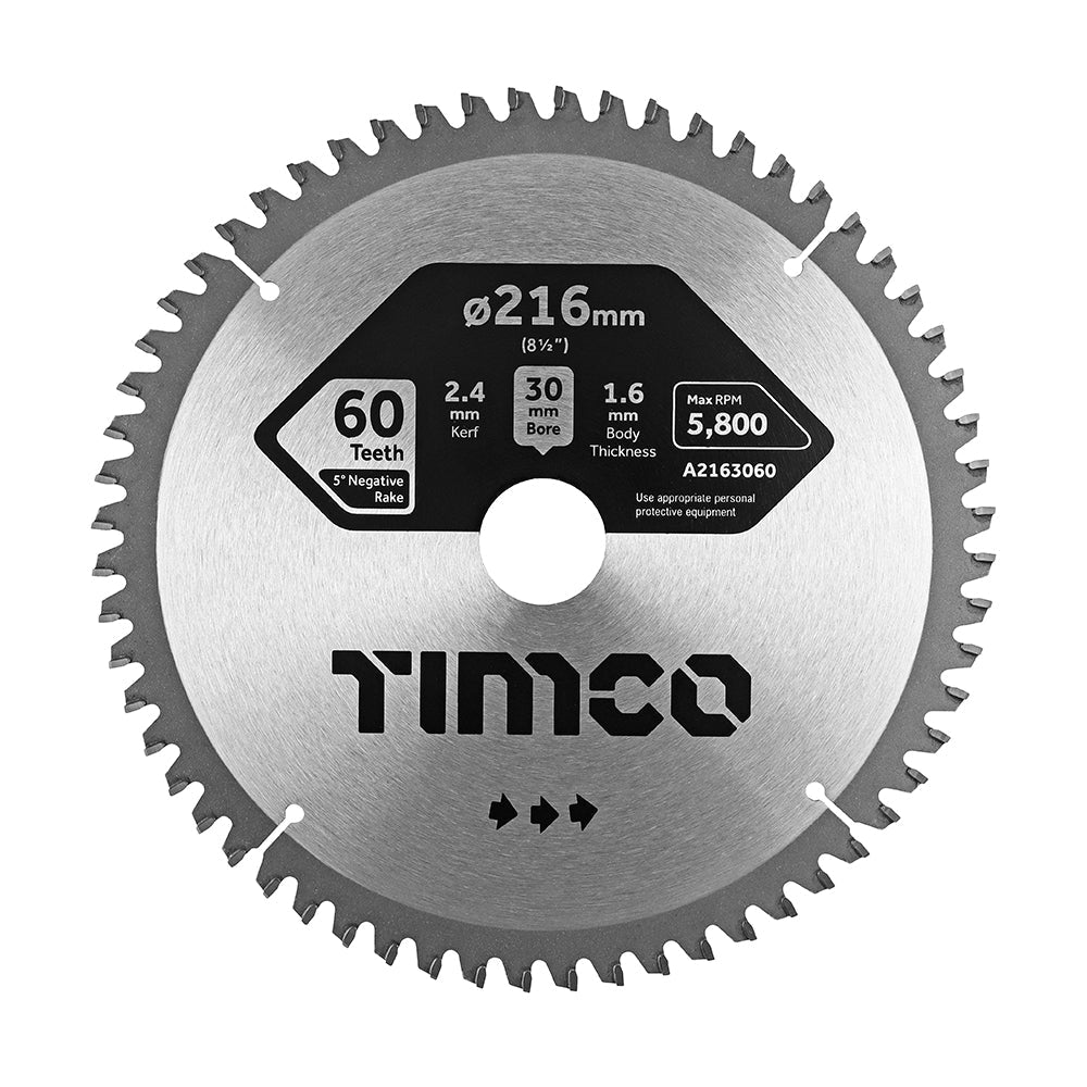 This is an image of Timco - -5° Circular Saw Blade 216 x 30 x 60T (1 Each Clamshell) A2163060