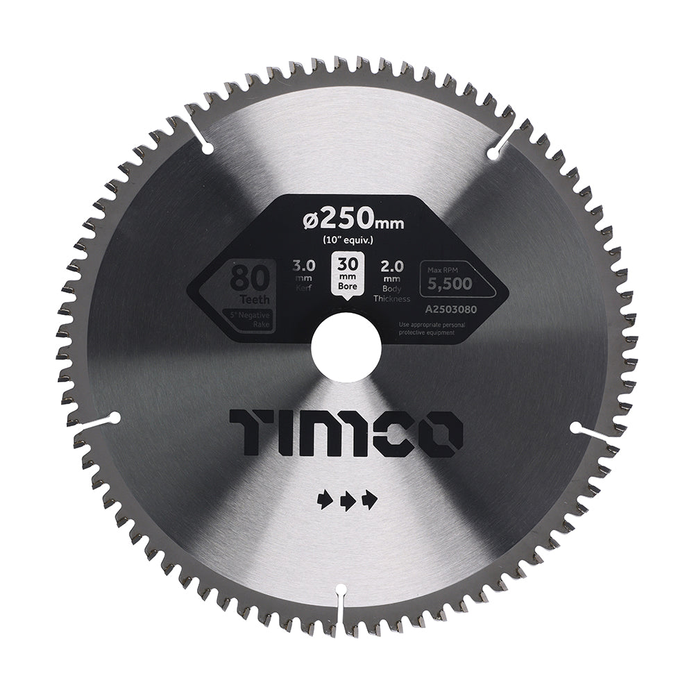 This is an image of Timco - -5° Circular Saw Blade 250 x 30 x 80T (1 Each Clamshell) A2503080