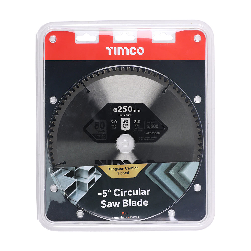 This is an image of Timco - -5° Circular Saw Blade 250 x 30 x 80T (1 Each Clamshell) A2503080