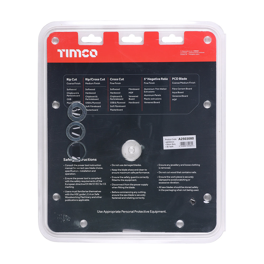This is an image of Timco - -5° Circular Saw Blade 250 x 30 x 80T (1 Each Clamshell) A2503080