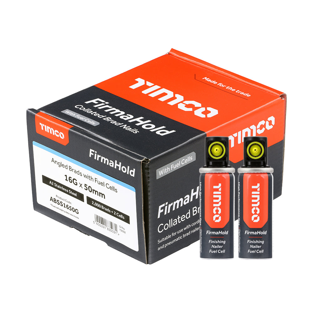 This is an image of Timco - FirmaHold Collated Brad Nails & Fuel Cells - 16 Gauge - Angled - A2 Stainless Steel 16 x 50mm/2BFC (2000 PCS Box) ABSS1650G