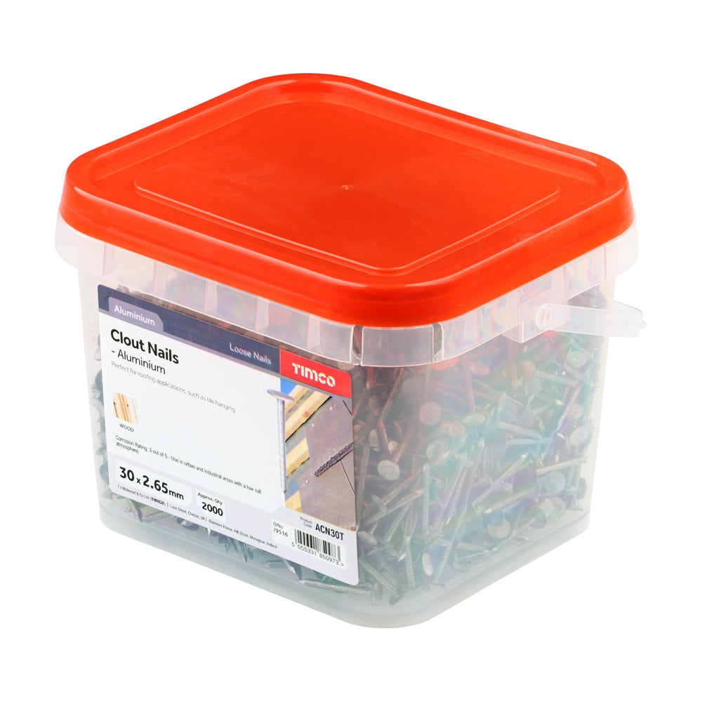 This is an image of Timco - Clout Nails - Aluminium 30 x 2.65mm (1 Kg TIMtub) ACN30T