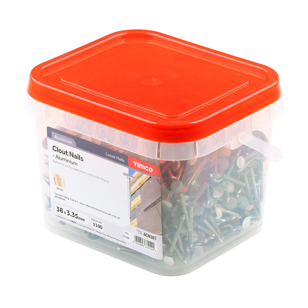 This is an image of Timco - Clout Nails - Aluminium 38 x 3.35mm (1 Kg TIMtub) ACN38T