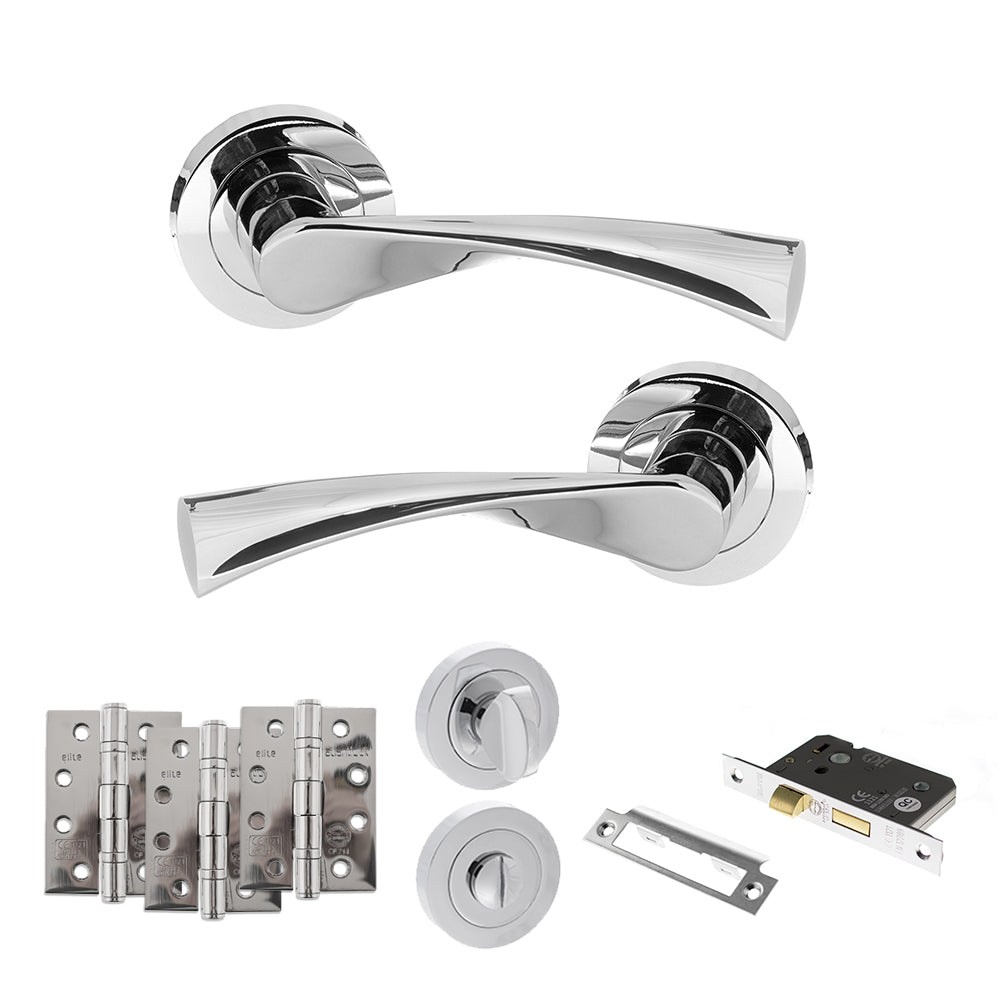 Quality image of STATUS Colorado Door Handle Pack (Bathroom Set - 2.5" CE Bathroom Lock, 4" Fire Rated Hinges x3) - Polished Chrome | Sku. adps34rpc10 | available from Trade Door Handles.