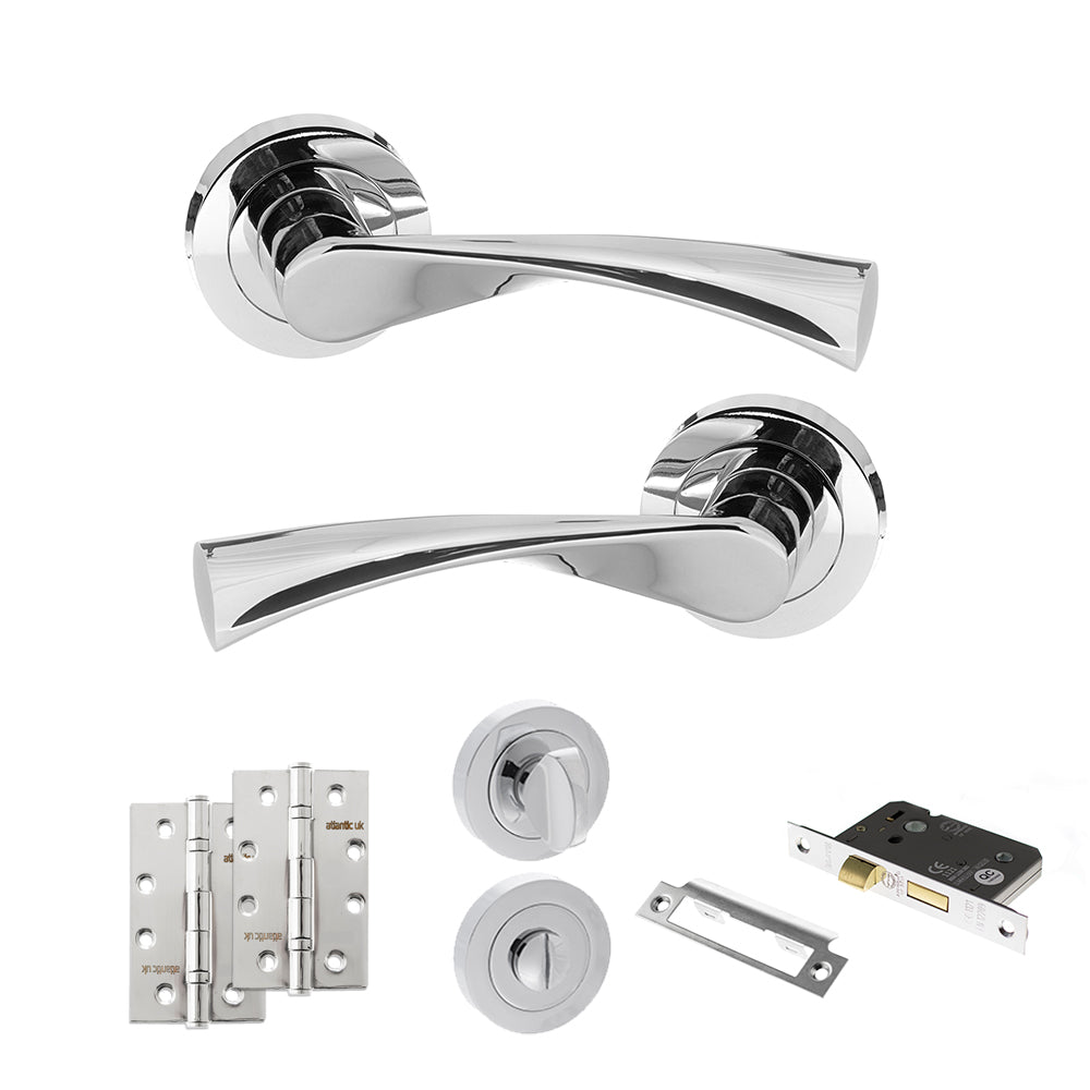 Quality image of STATUS Colorado Door Handle Pack (Bathroom Set - 2.5" CE Bathroom Lock, 4" Slim Knuckle Hinges x2) - Polished Chrome | Sku. adps34rpc12 | available from Trade Door Handles.