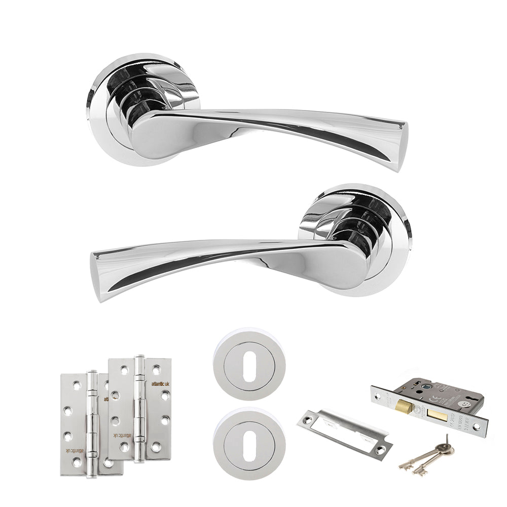 Quality image of STATUS Colorado Door Handle Pack (3 Lever Lock Set - 2.5" CE Sashlock, 4" Slim Knuckle Hinges x2) - Polished Chrome | Sku. adps34rpc18 | available from Trade Door Handles.