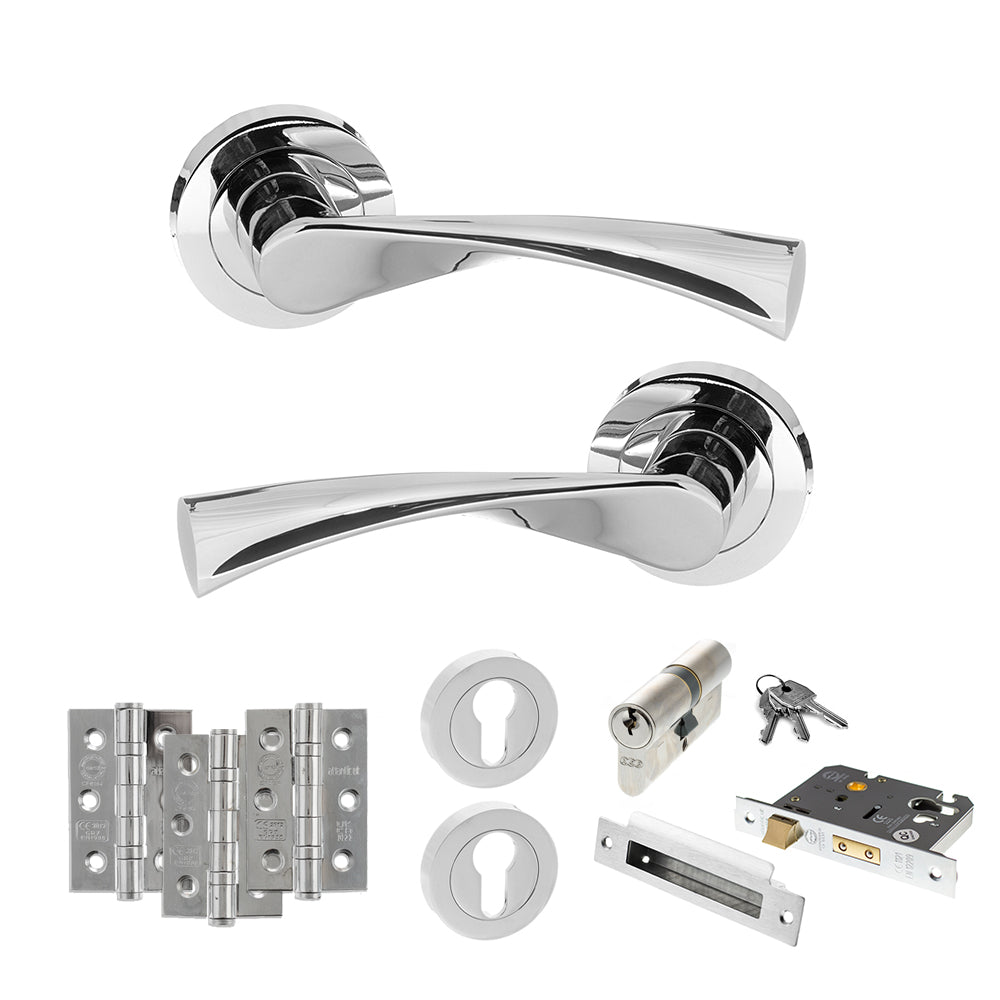 Quality image of STATUS Colorado Door Handle Pack (Euro Lock Set - 3" CE Sashlock, 3" Fire Rated Hinges x3) - Polished Chrome | Sku. adps34rpc21 | available from Trade Door Handles.